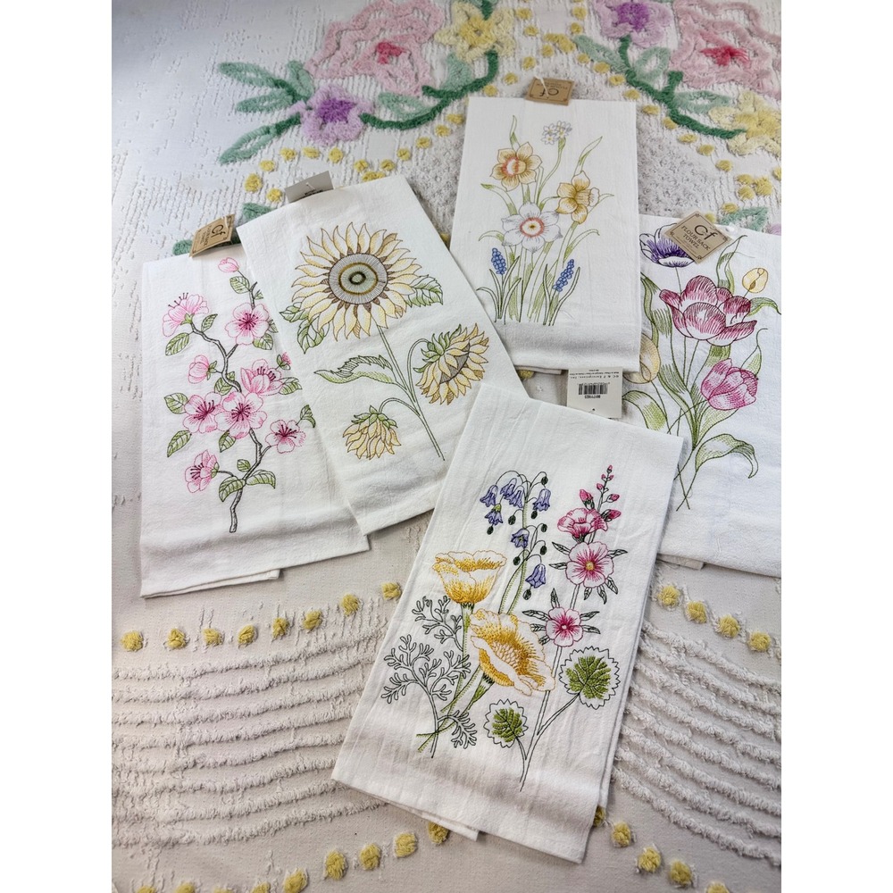 C&F Home Floral Embroidered Flour Sack Kitchen Towels Set of 5 Cotton White New
